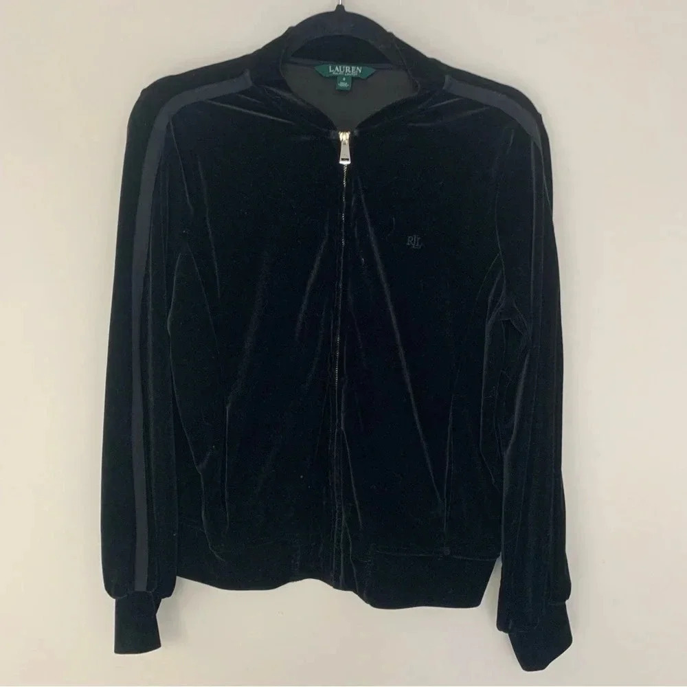 Ralph Lauren Black Crushed Velvet Zip Up Jacket S
